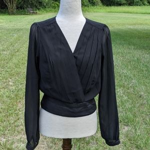 Windsor sheer long sleeve black pleated v-…